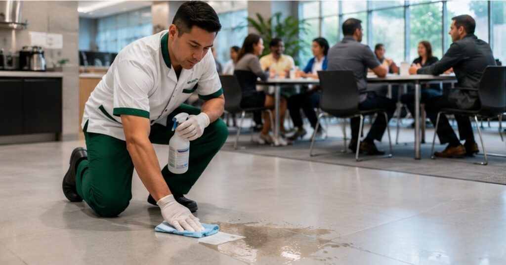 Day porter responding quickly to a spill in a busy office break room