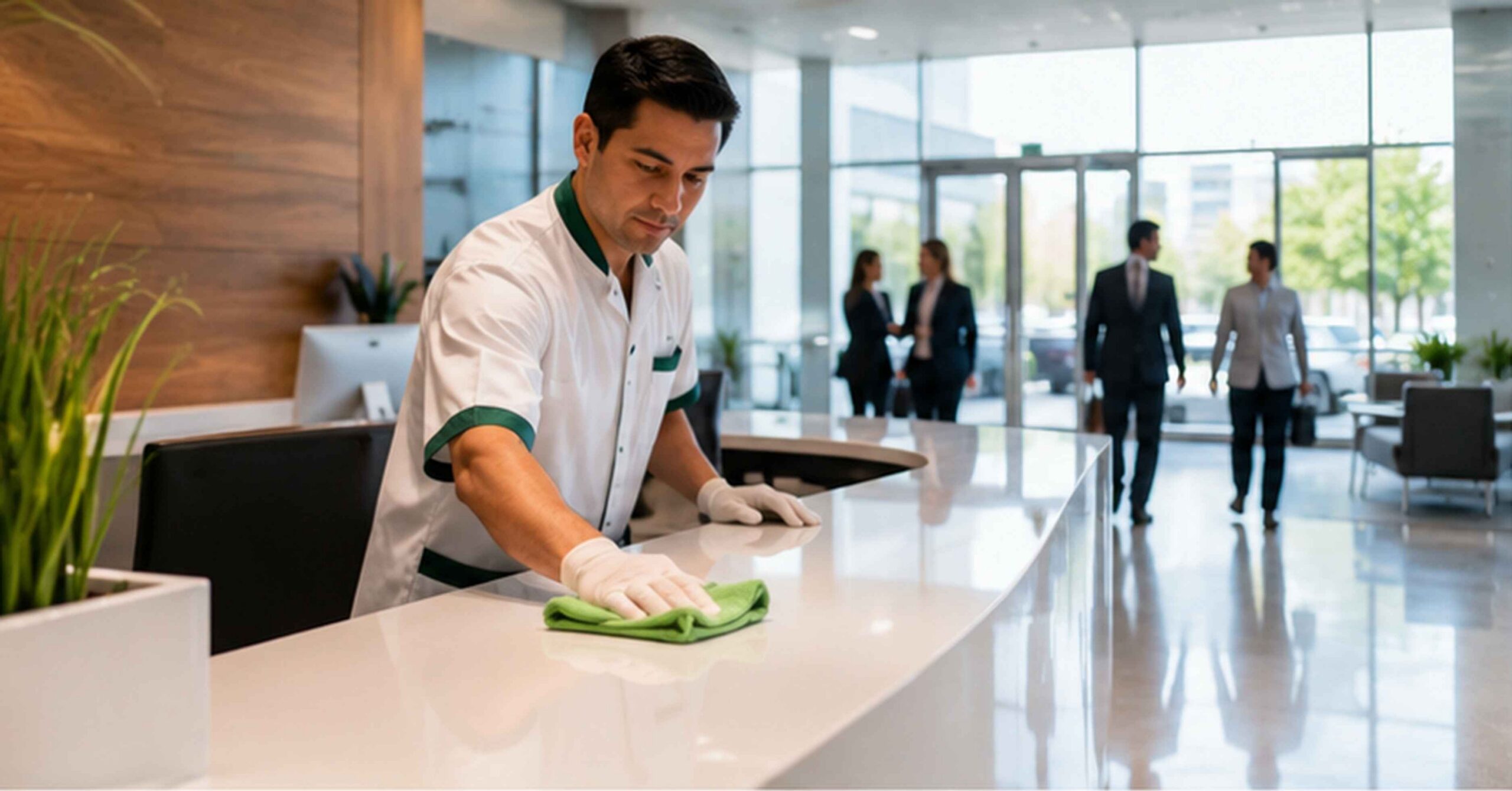 Day porter services maintaining a clean office lobby during business hours