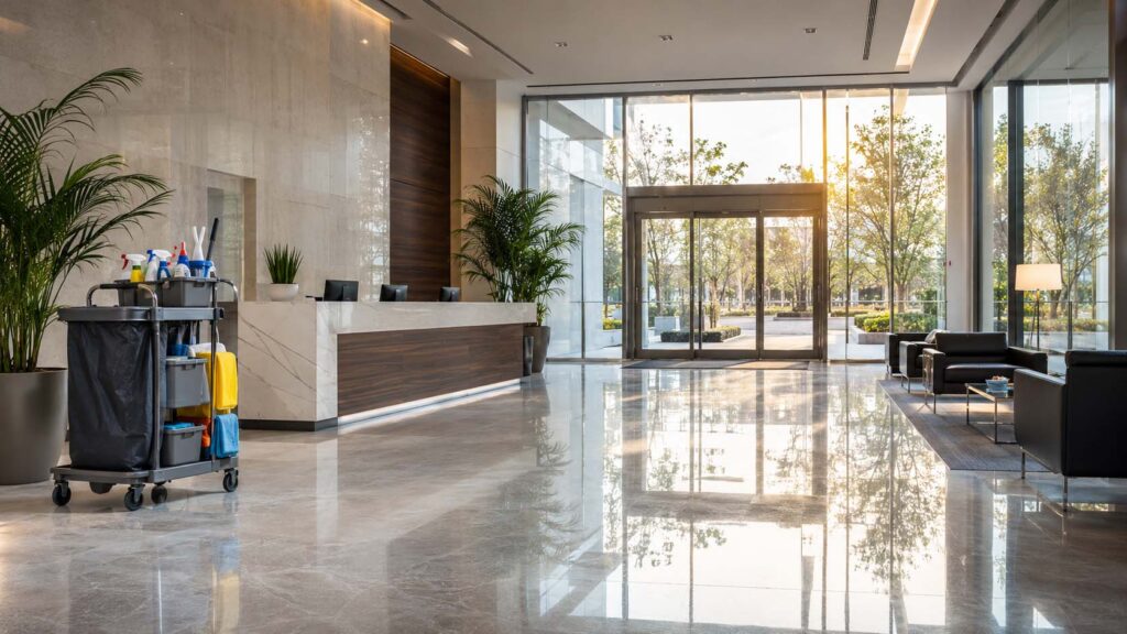 Clean commercial building lobby representing professional commercial property maintenance