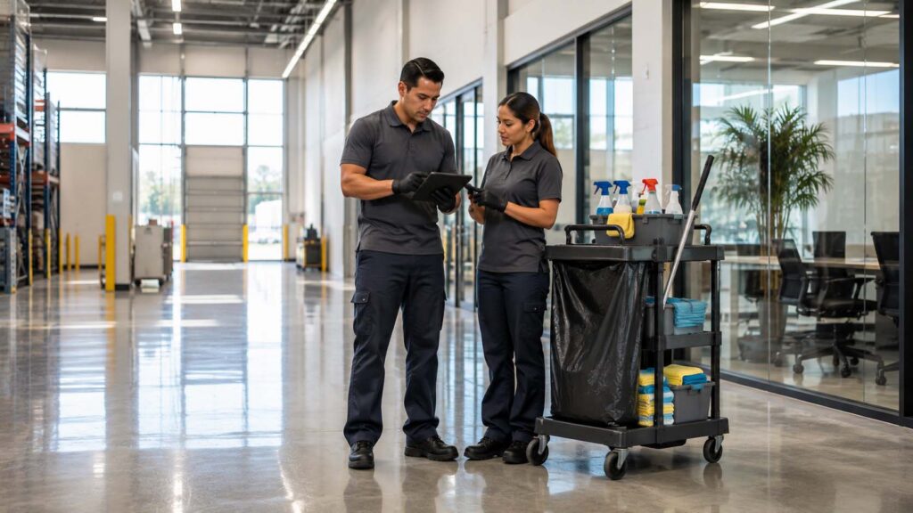 Cleaning crew reviewing checklist for commercial building maintenance services