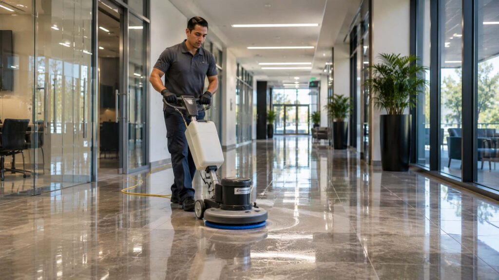Floor care technician buffing commercial floor as part of property maintenance services