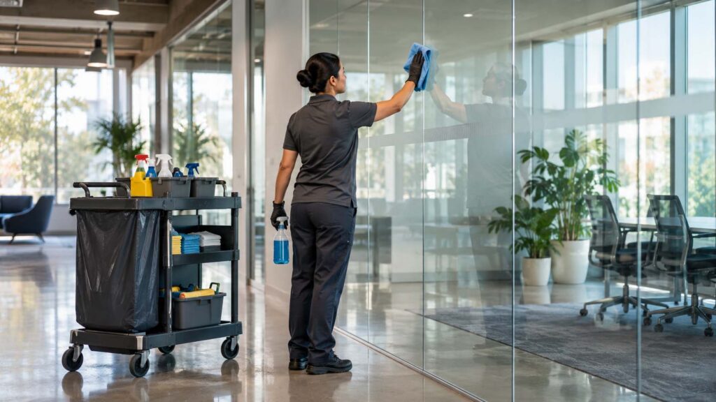 Janitorial worker performing commercial property maintenance in an office building